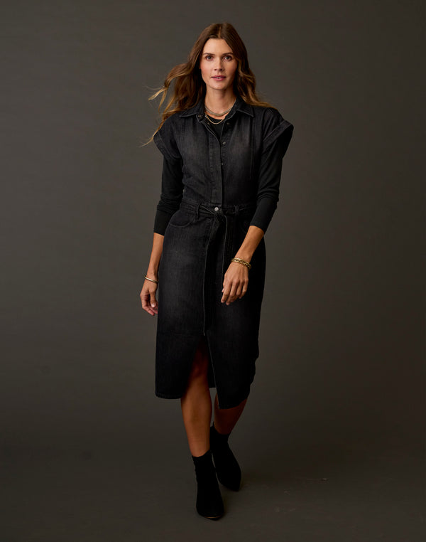black demin dress Franny Lightweight Denim Dress: Washed XL / Washed Black schedulable The dark denim pairs Color:M-Lilac Joyfy Women's Long Black